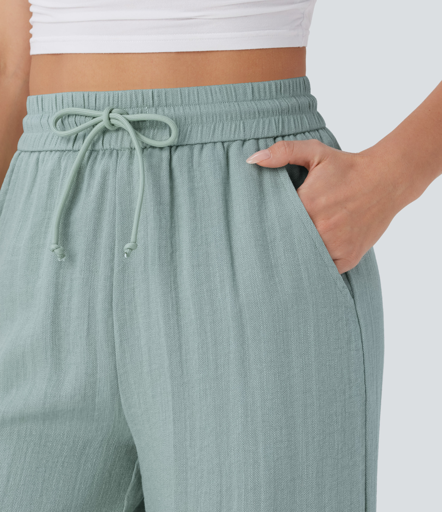 High Waisted Drawstring Pocket Wide Leg Casual Linen-Feel Pants