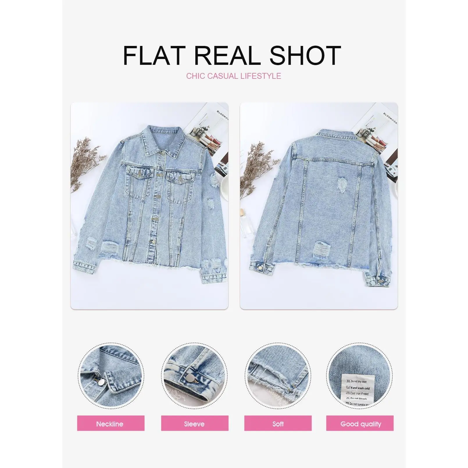 Women's Casual Short Jean Jackets Non Stretch Distressed Ripped  Lapel Long Sleeve Denim Jacket Outwear Tops