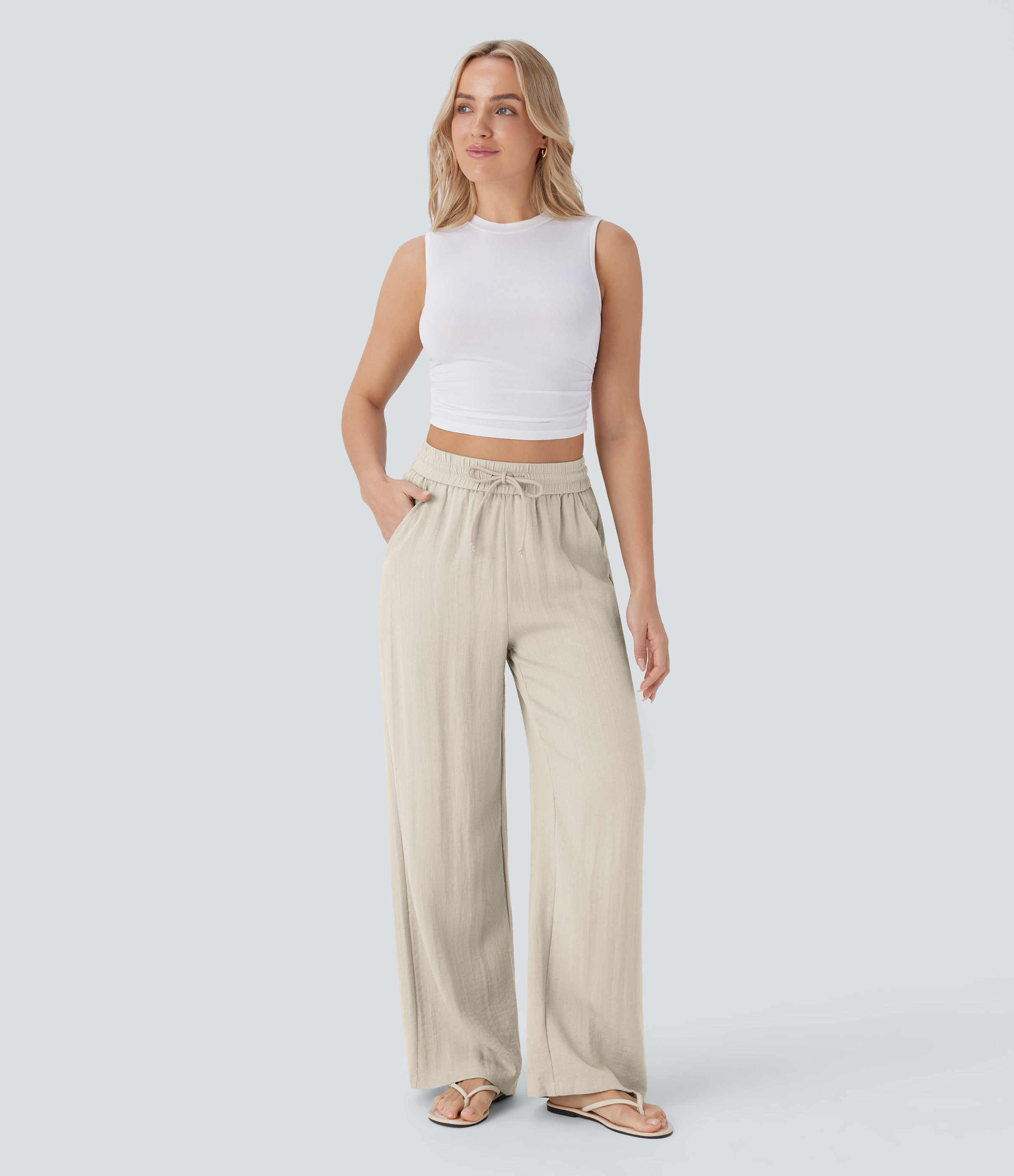 High Waisted Drawstring Pocket Wide Leg Casual Linen-Feel Pants