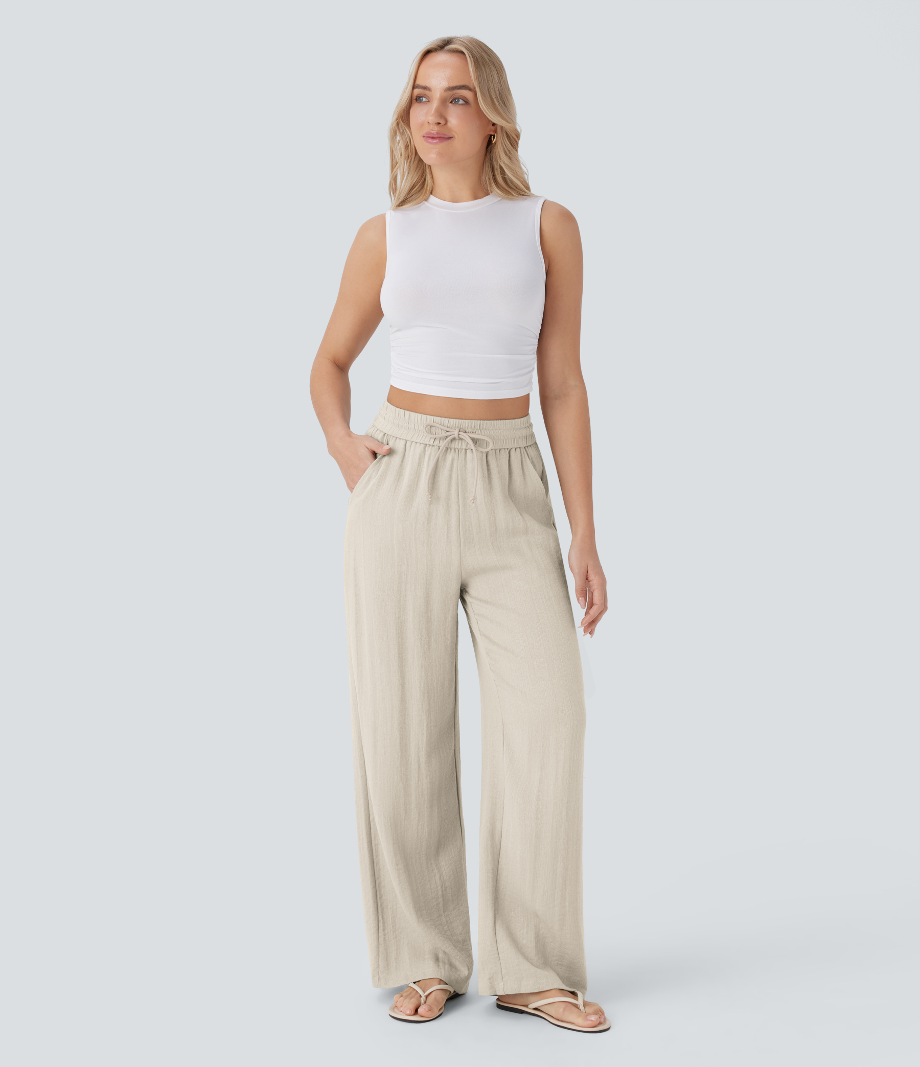 High Waisted Drawstring Pocket Wide Leg Casual Linen-Feel Pants