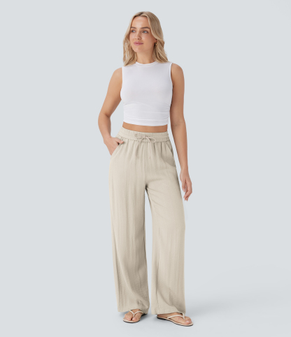 High Waisted Drawstring Pocket Wide Leg Casual Linen-Feel Pants