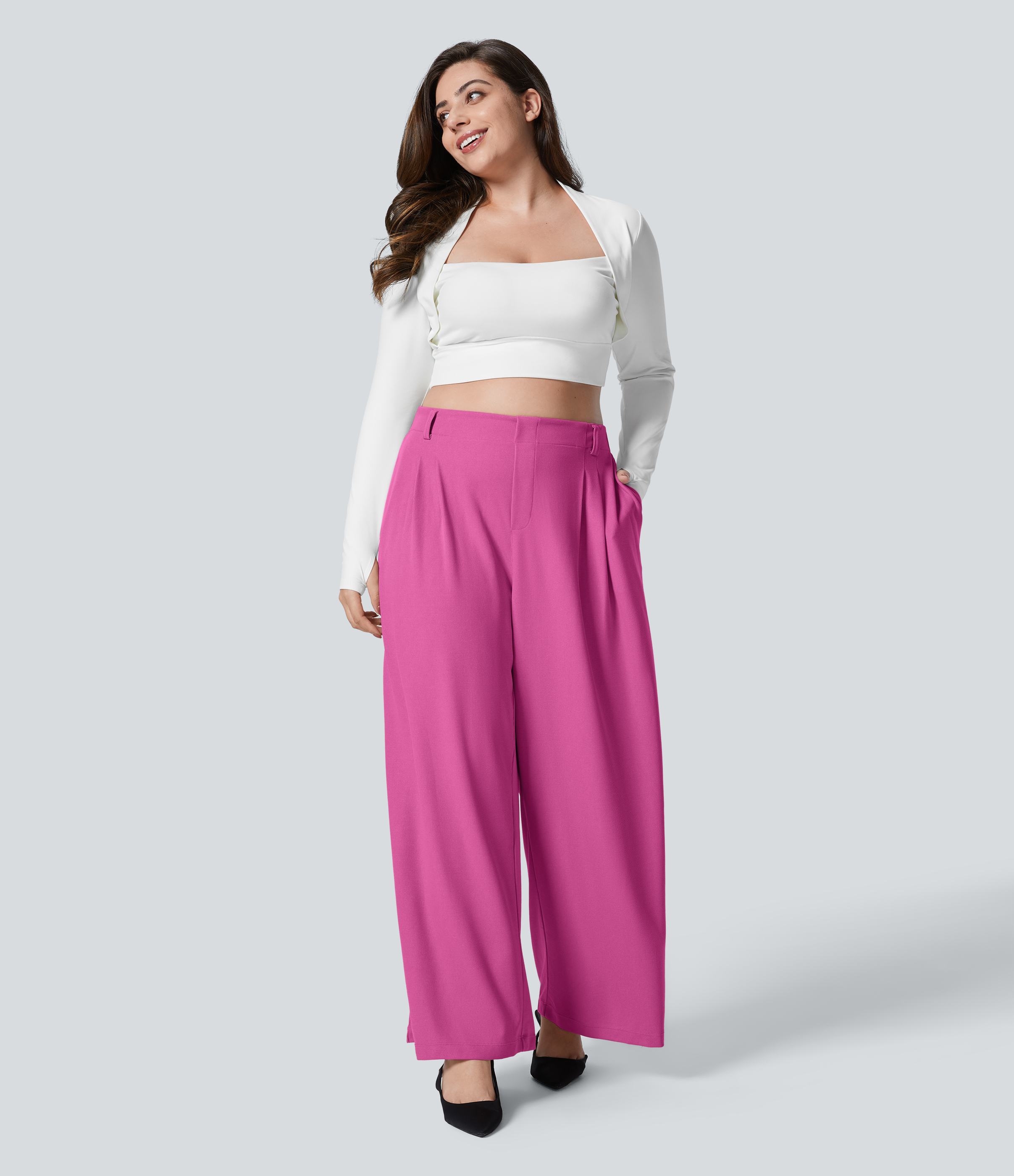 High Waisted Pocket Wide Leg Waffle Work Plus Size Pants