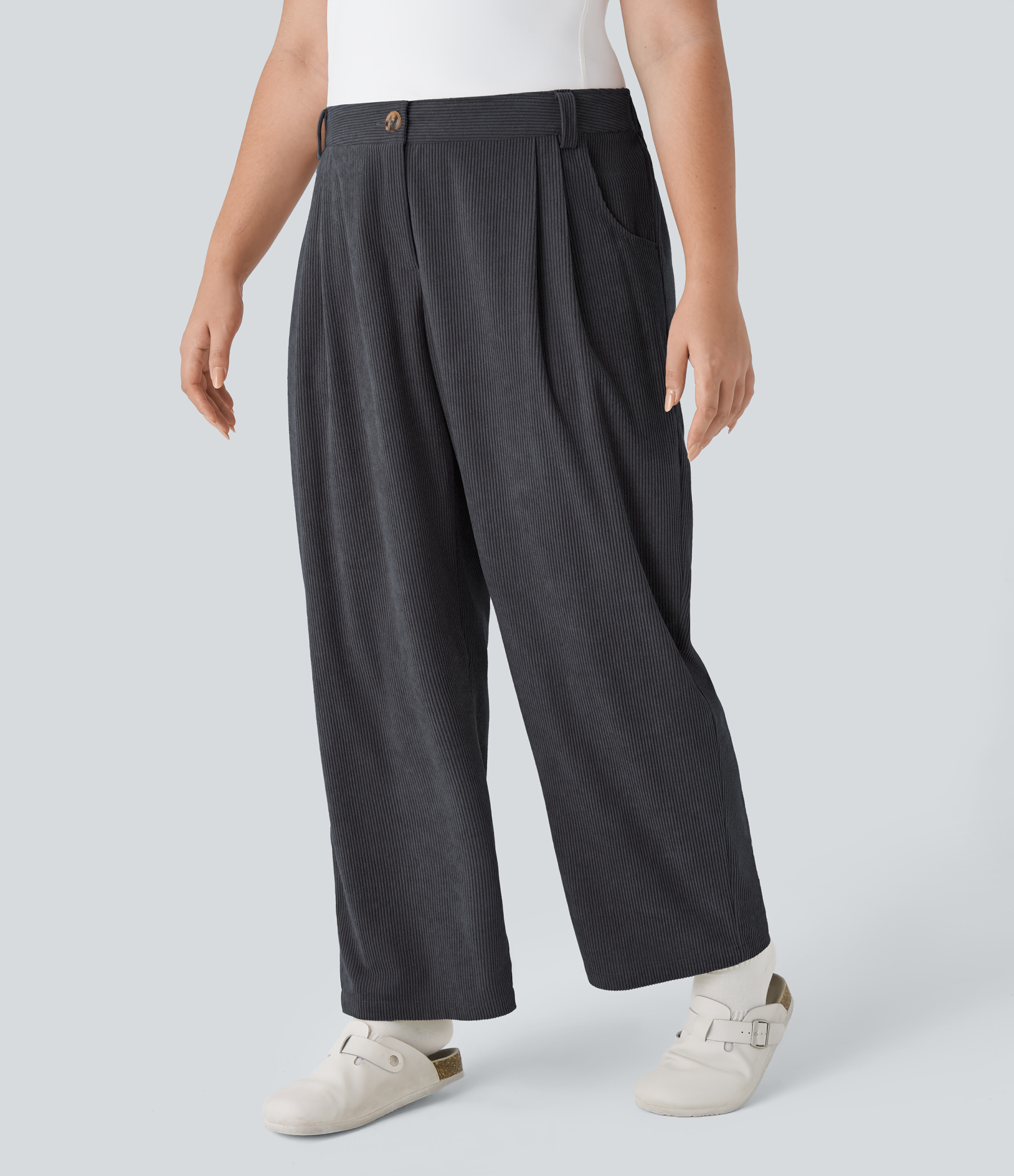 Mid Rise Zipper Pocket Plus Size Corduroy Casual Pants
