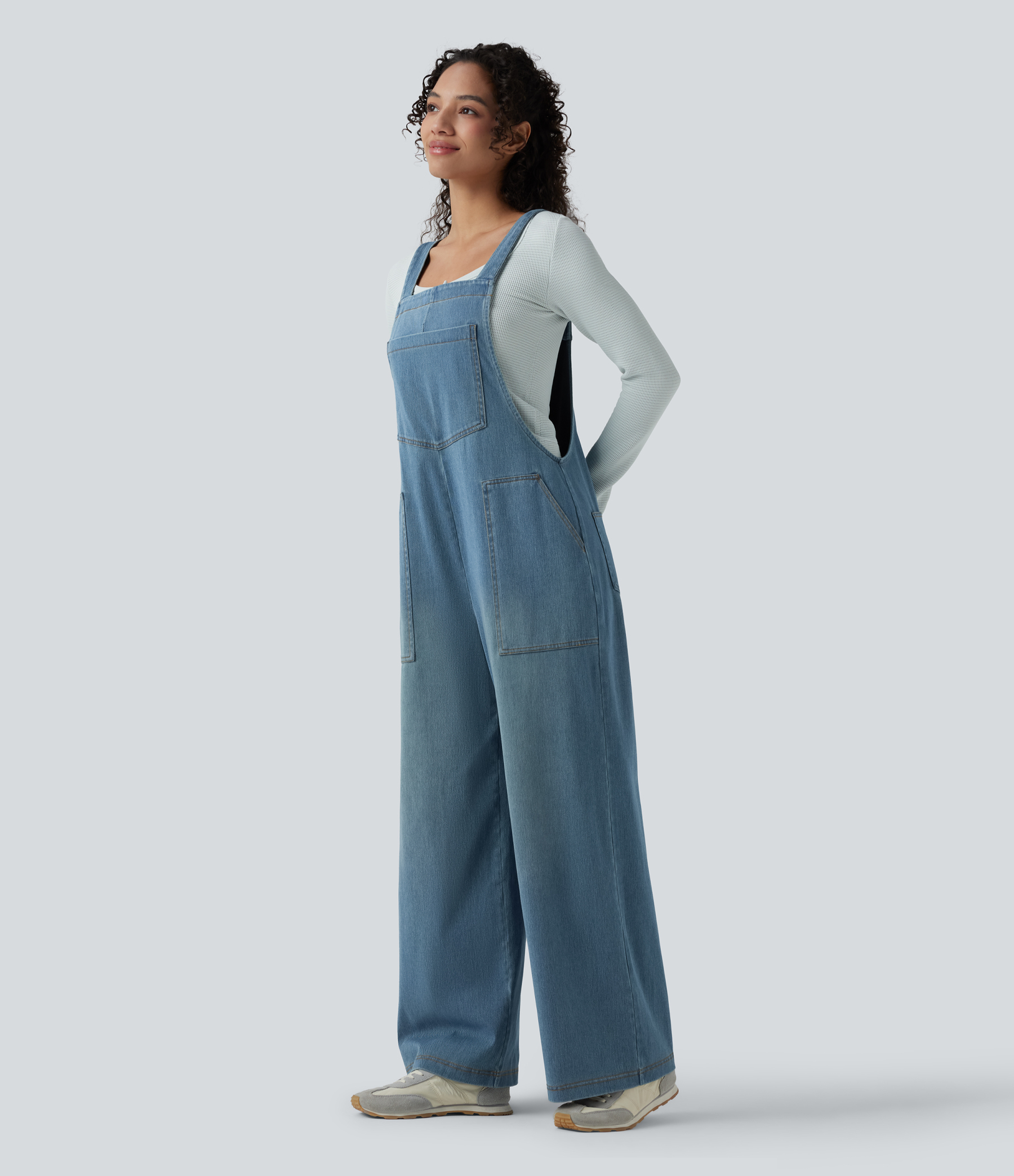 Square Neck Washed Denim Casual Overalls with Pockets