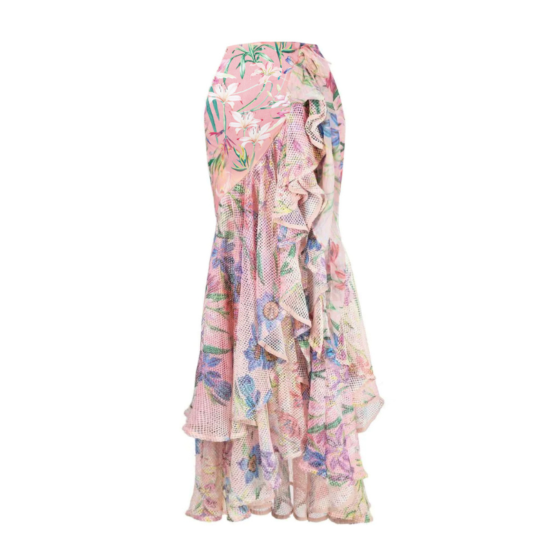 Floral Print One Piece Swimsuit and Mesh Splicing Sarong Flaxmaker