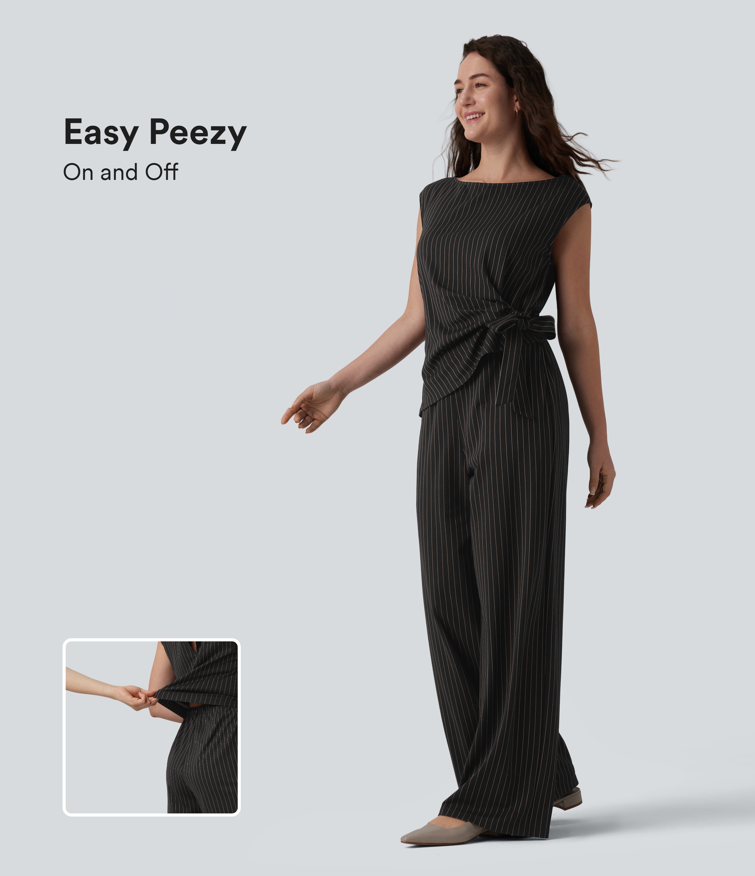 Boat Neck Sleeveless Tie Side Cool Touch Stripe Work Jumpsuit with Pockets-Easy Peezy Edition