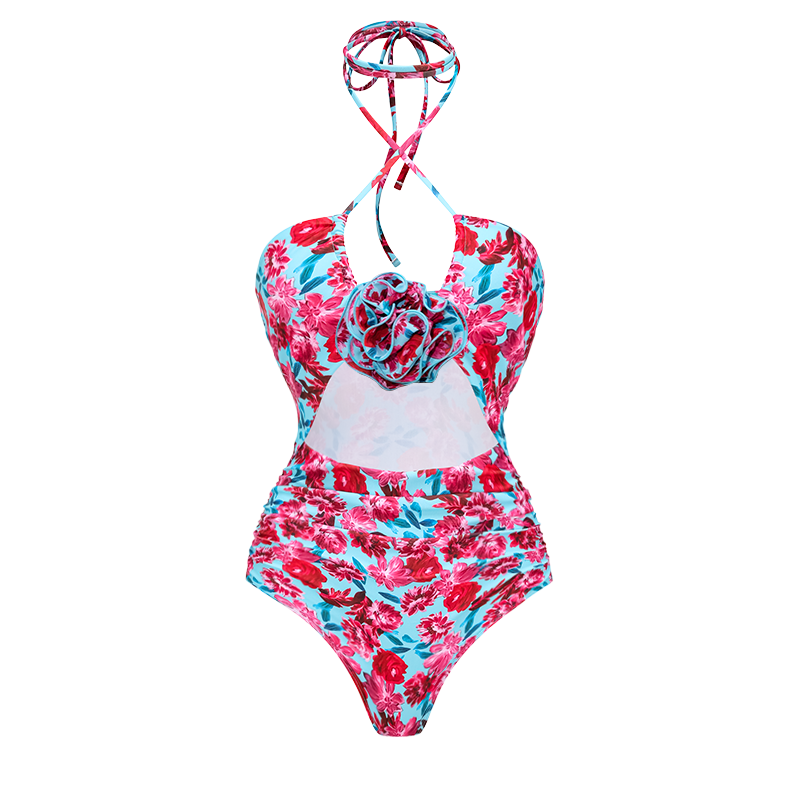 Halter Floral Print One Piece Swimsuit and Skirt or Sarong