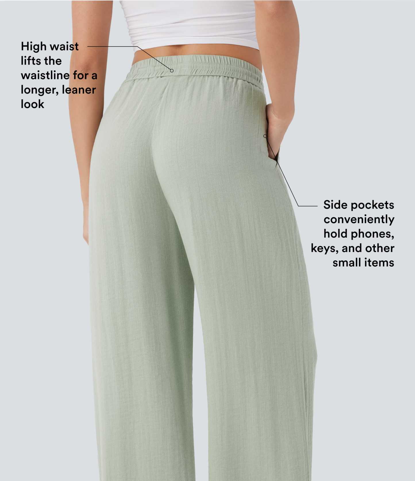 High Waisted Drawstring Pocket Wide Leg Casual Linen-Feel Pants