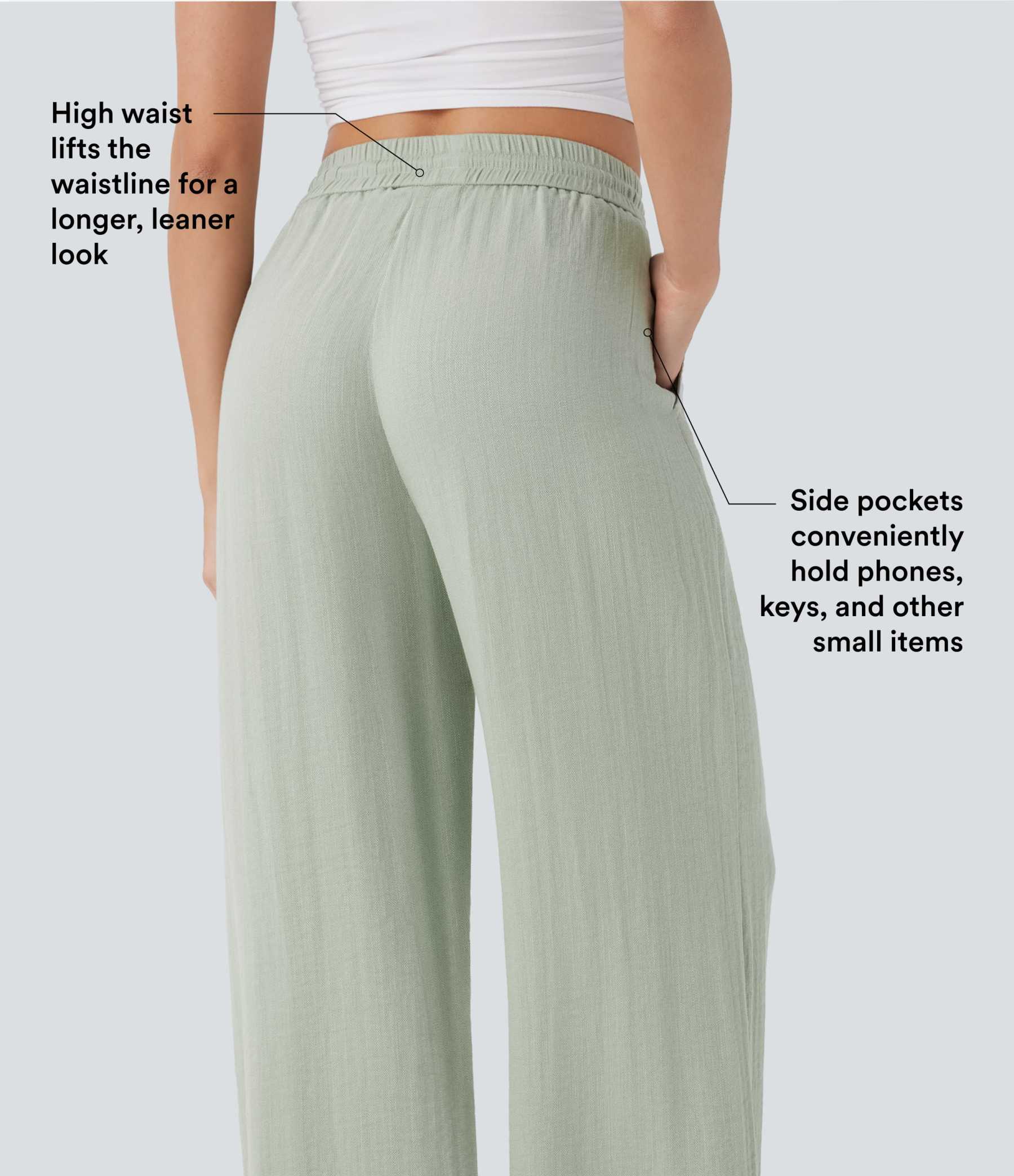 High Waisted Drawstring Pocket Wide Leg Casual Linen-Feel Pants