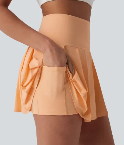 High Waisted Pleated 2-in-1 Side & Pocket Asymmetric Hem Quick Dry Mini Dance Skirt