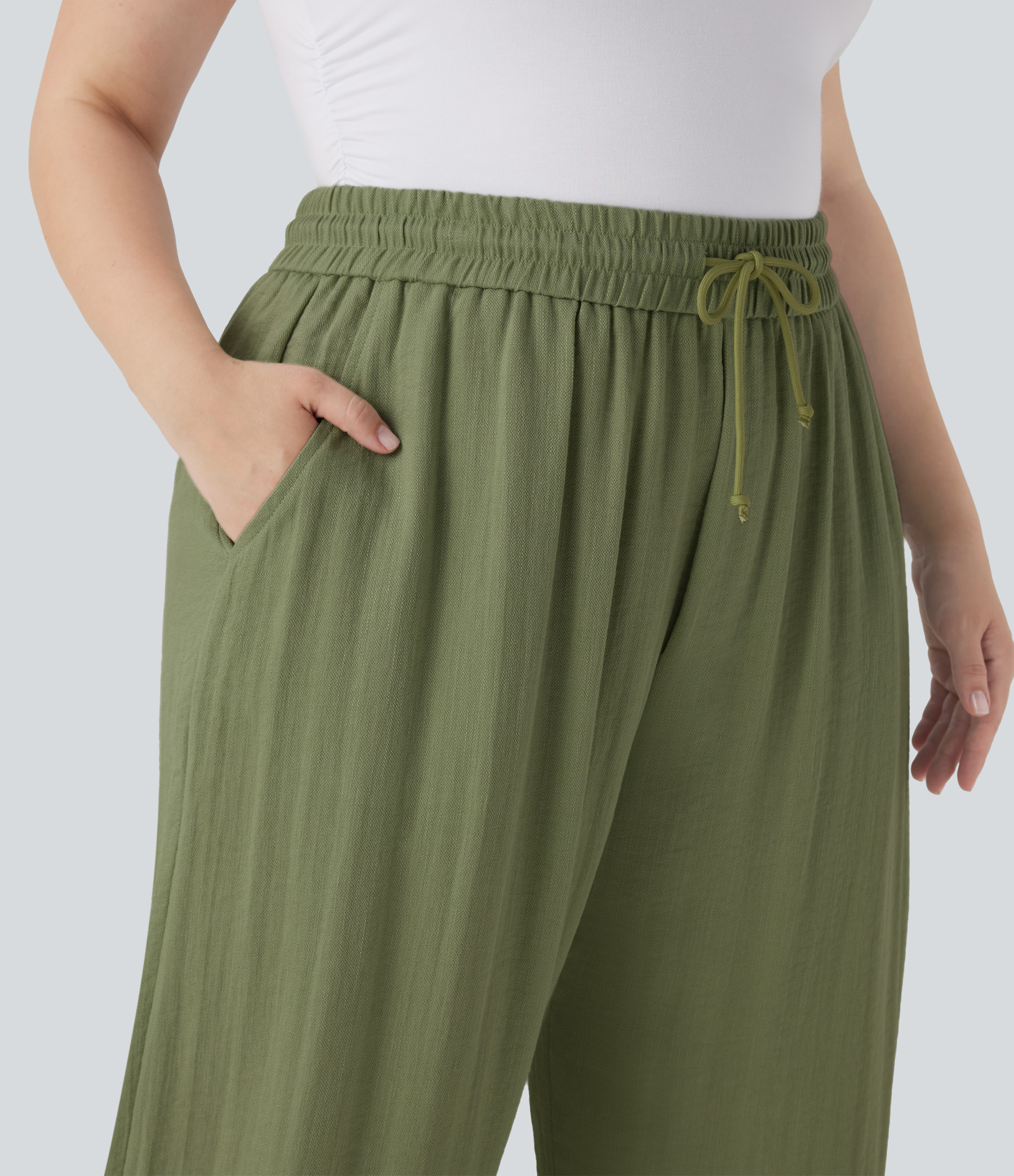 High Waisted Drawstring Linen-Feel Wide Leg Casual Plus Size Pants with Pockets