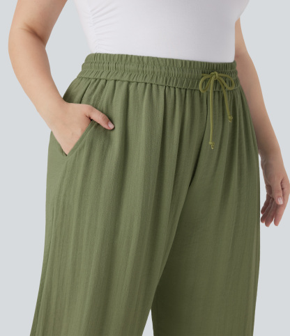 High Waisted Drawstring Linen-Feel Wide Leg Casual Plus Size Pants with Pockets