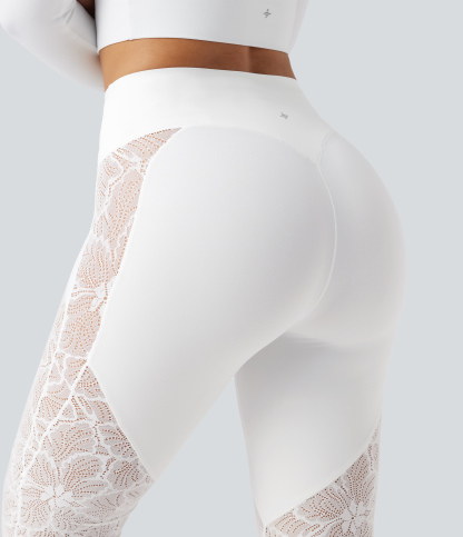 High Waisted Tummy Control Contrast Lace Yoga Flare Leggings with Pocket