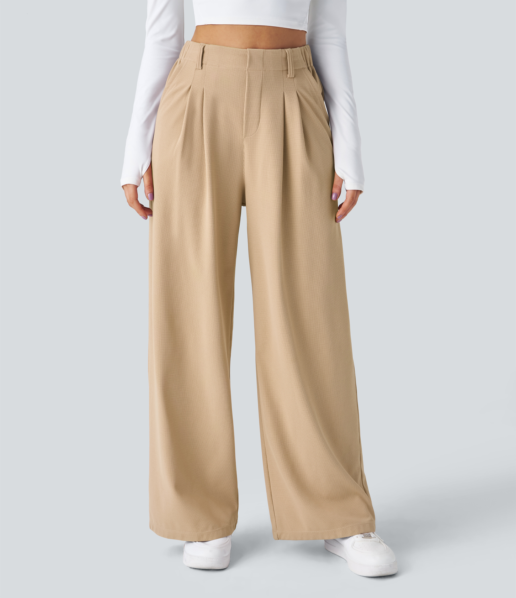 High Waisted Pocket Wide Leg Waffle Work Pants