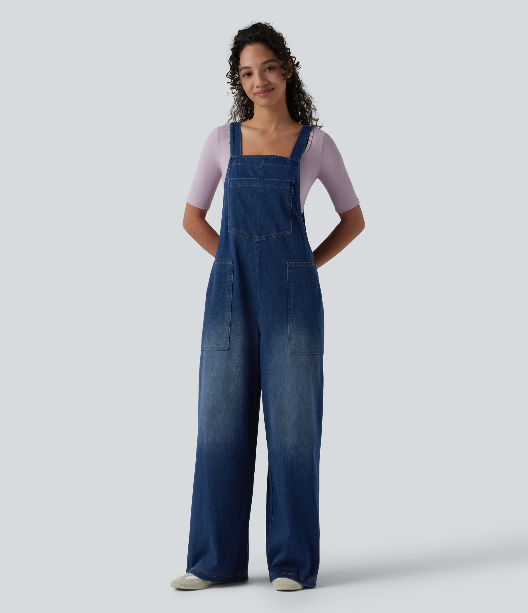 Square Neck Washed Denim Casual Overalls with Pockets
