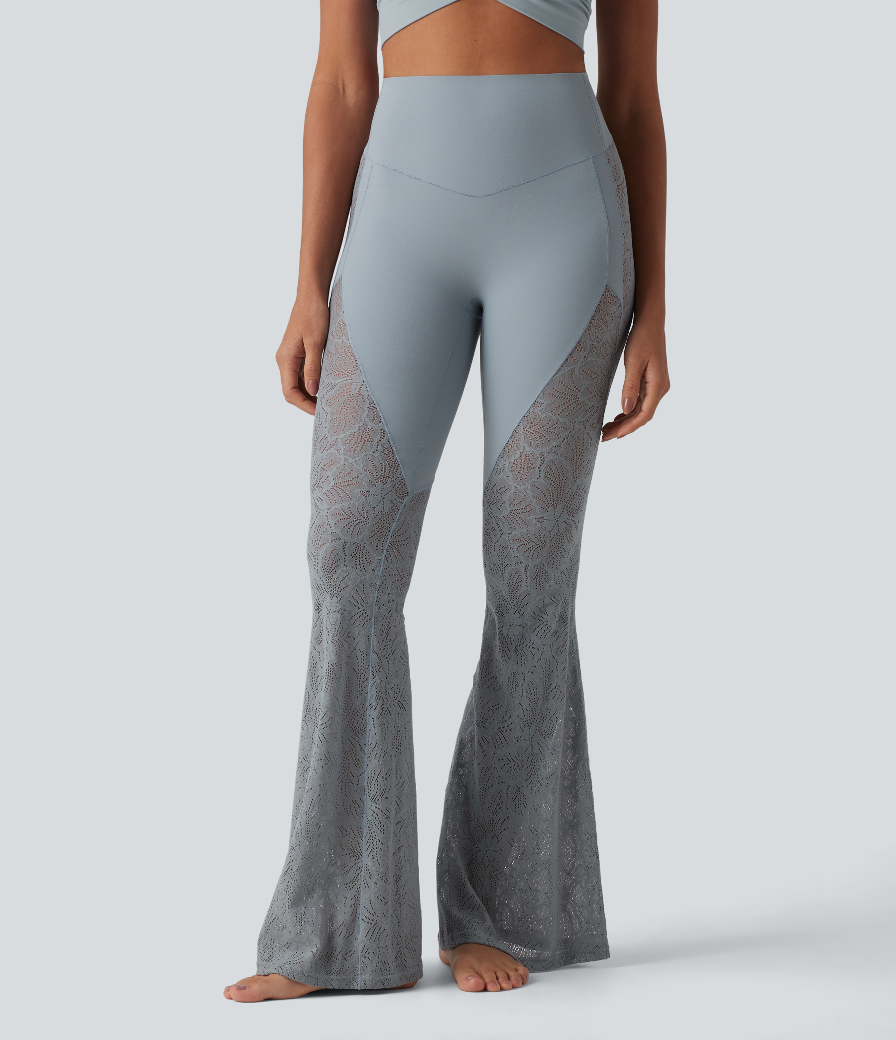 High Waisted Tummy Control Contrast Lace Yoga Flare Leggings with Pocket