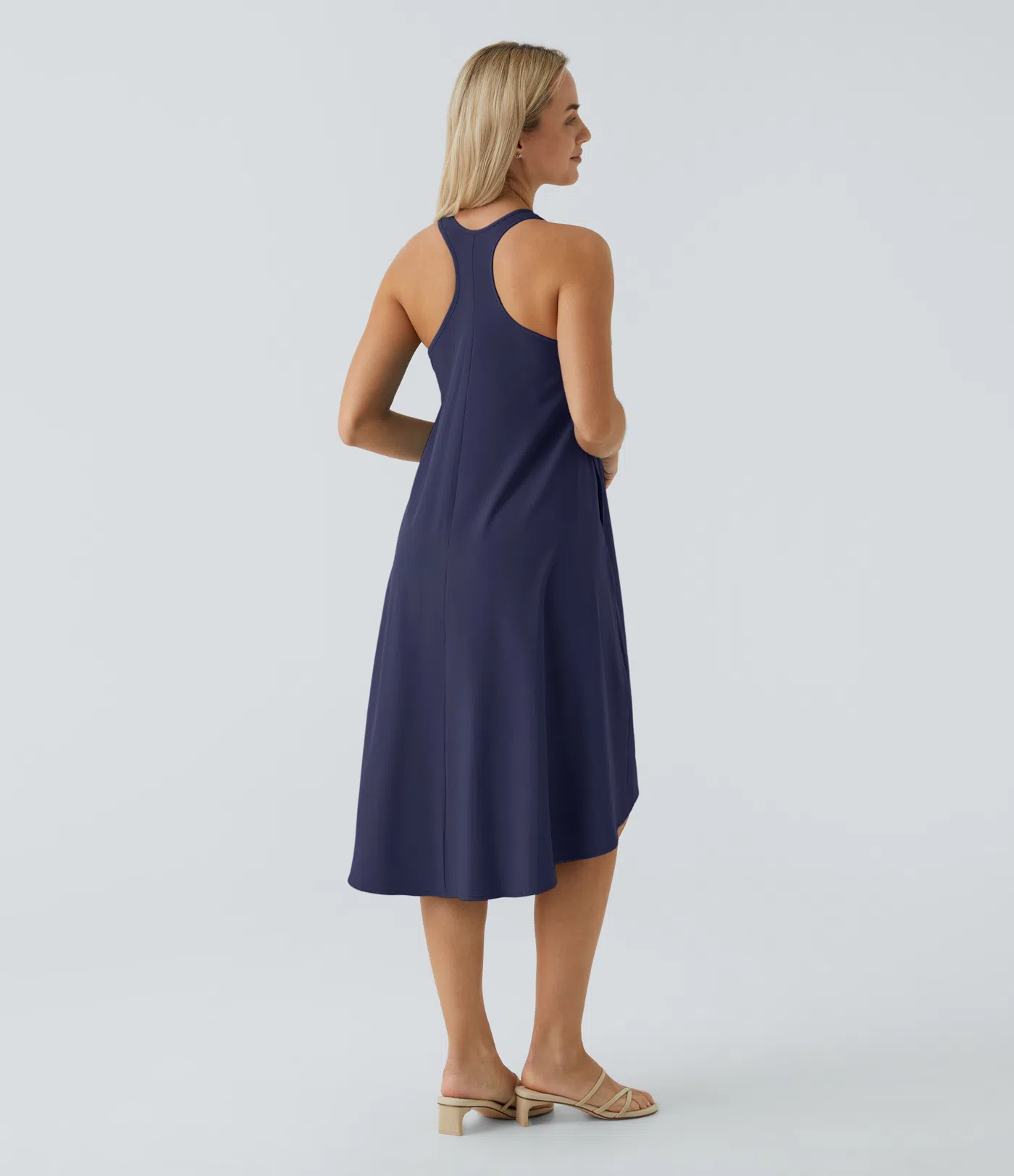 Backless Side-Pocket High-Low Hem Flowy Mid-Length Quick-Drying Casual Dress