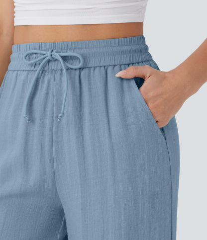 High Waisted Drawstring Pocket Wide Leg Casual Linen-Feel Pants
