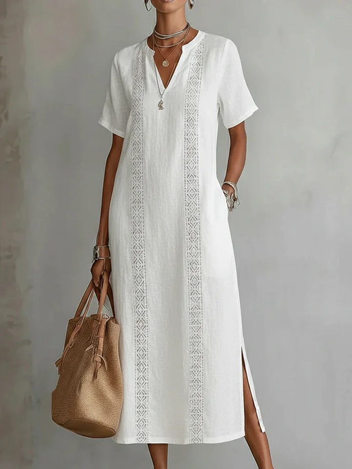 Retro Cozy Lace V-neck Loose Linen Dress