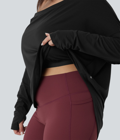 One Shoulder Long Sleeve Thumb Hole Curved Hem High Low Quick Dry Yoga Plus Size Sports Top-Built-in Bra