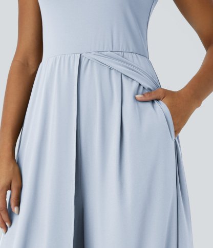 Zipper Sleeveless Pocket Contrast Quick Dry Jumpsuit