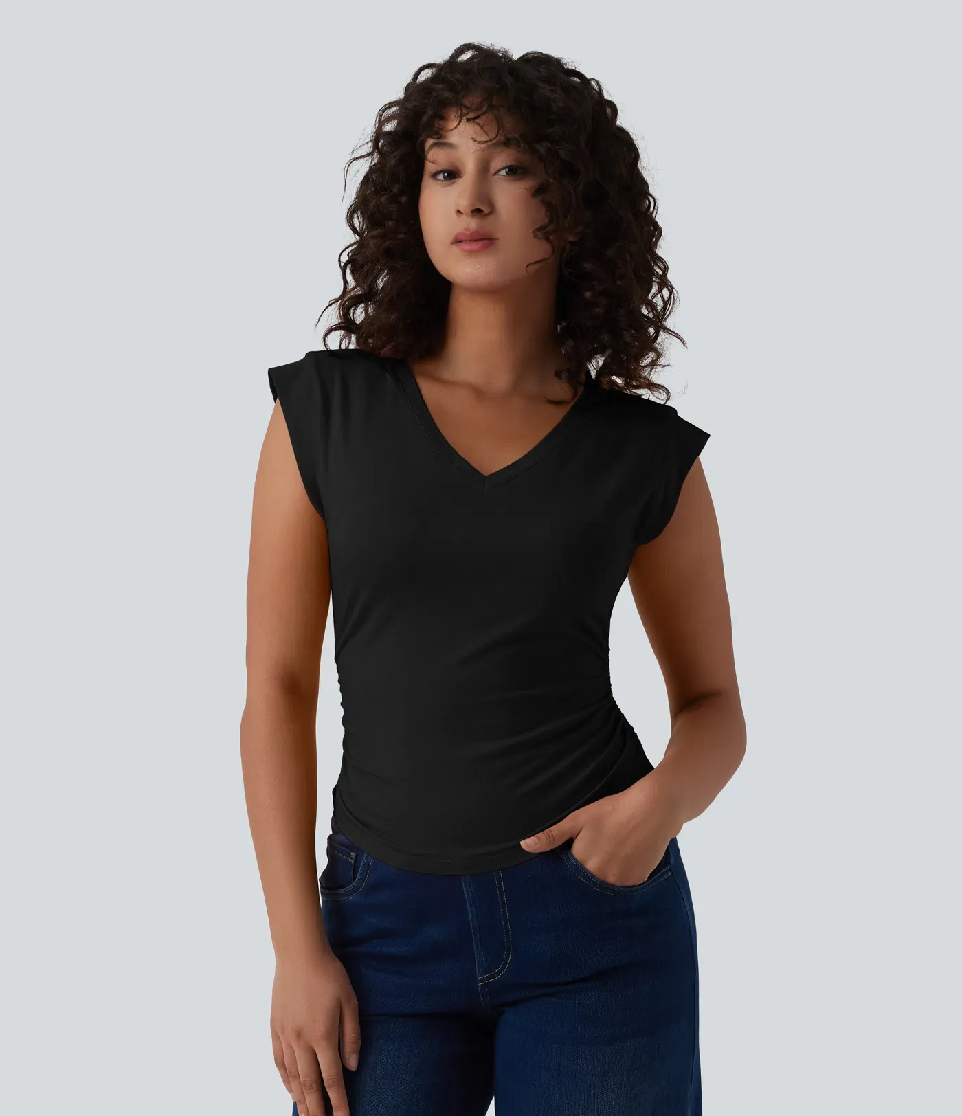V-Neck Short-Sleeve Curved Hem Pleated Casual Tee