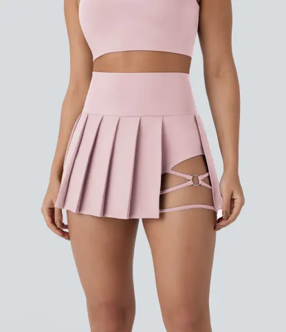 High Waisted Pleated 2-in-1 Side & Pocket Asymmetric Hem Quick Dry Mini Dance Skirt
