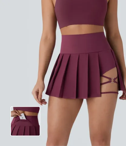 High Waisted Pleated 2-in-1 Side & Pocket Asymmetric Hem Quick Dry Mini Dance Skirt