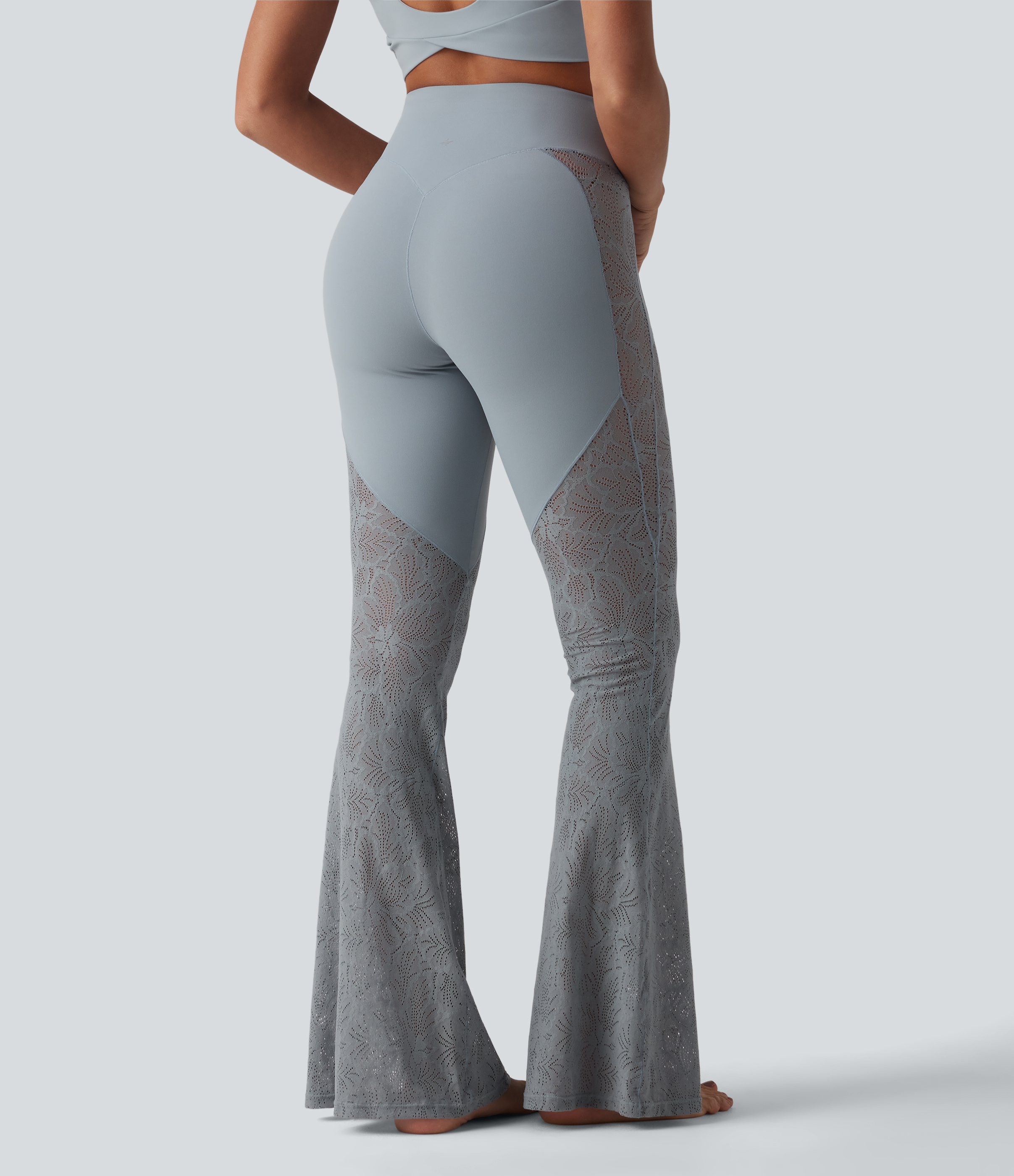 High Waisted Tummy Control Contrast Lace Yoga Flare Leggings with Pocket
