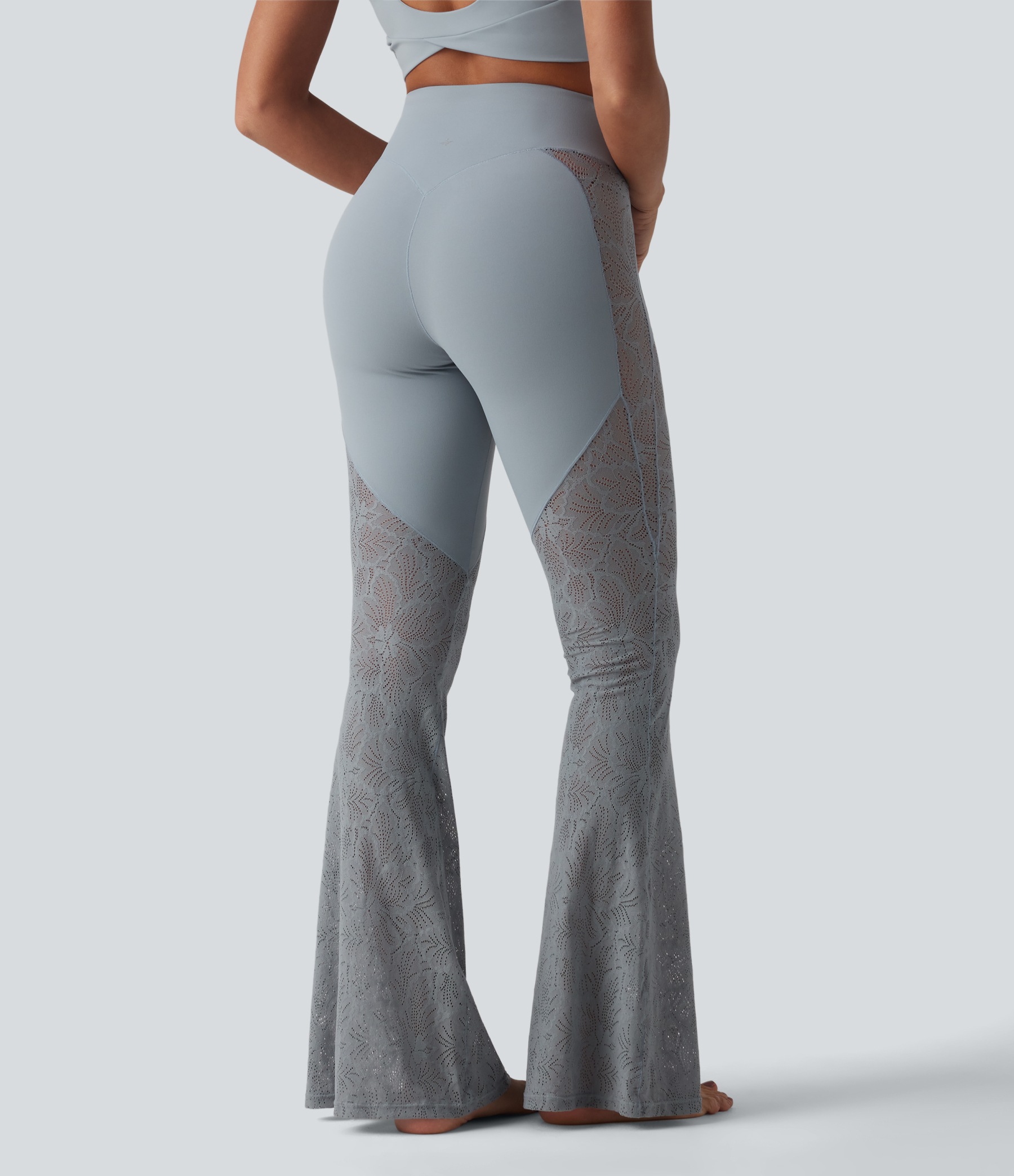 High Waisted Tummy Control Contrast Lace Yoga Flare Leggings with Pocket