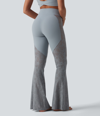 High Waisted Tummy Control Contrast Lace Yoga Flare Leggings with Pocket