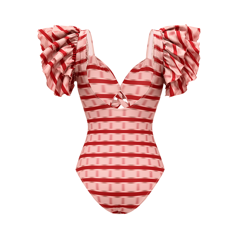 Ruffle Red Striped Printed Cut Out One Piece Swimsuit and Skirt