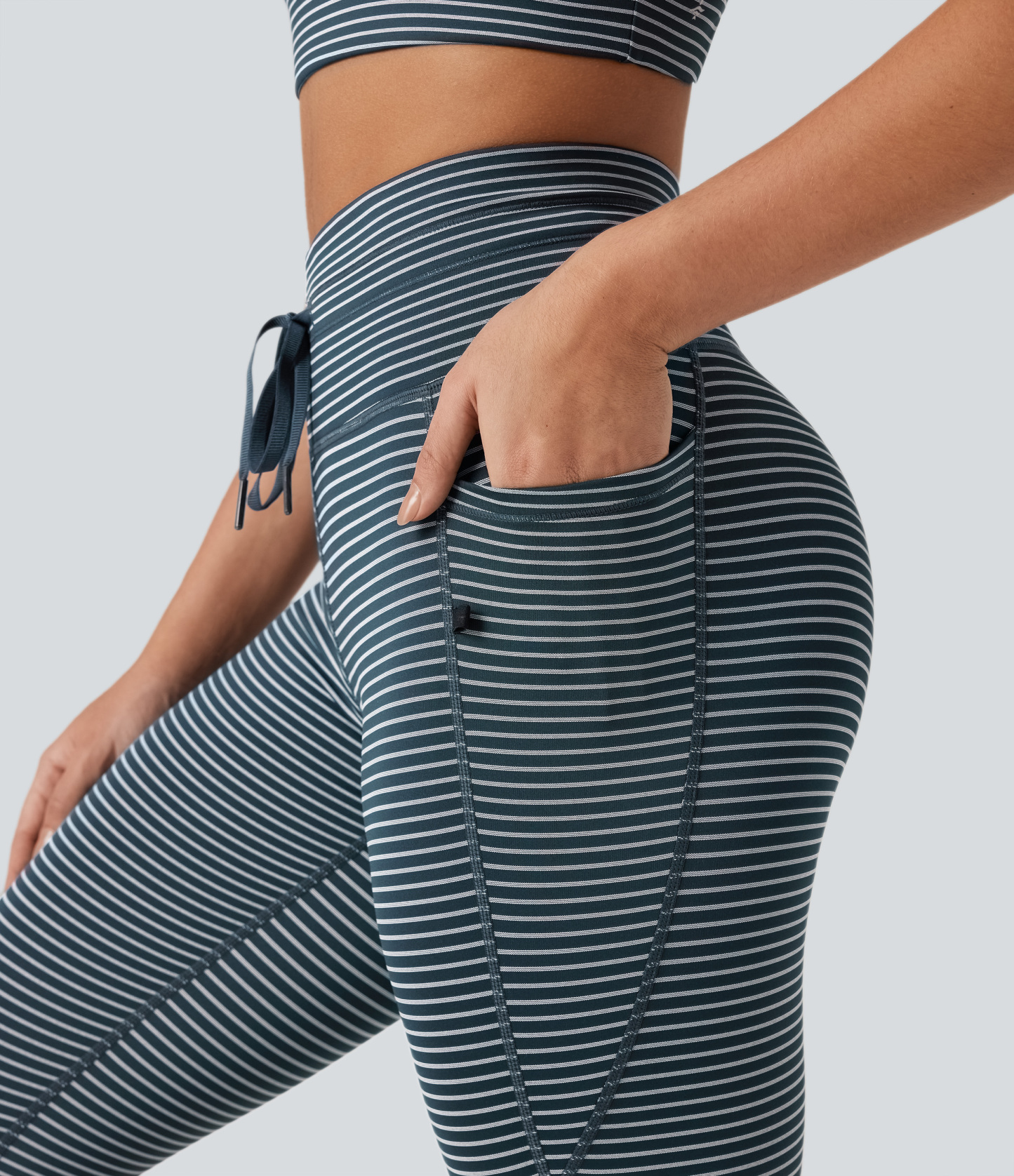 High Waisted Drawstring Striped Yoga Leggings with Pockets
