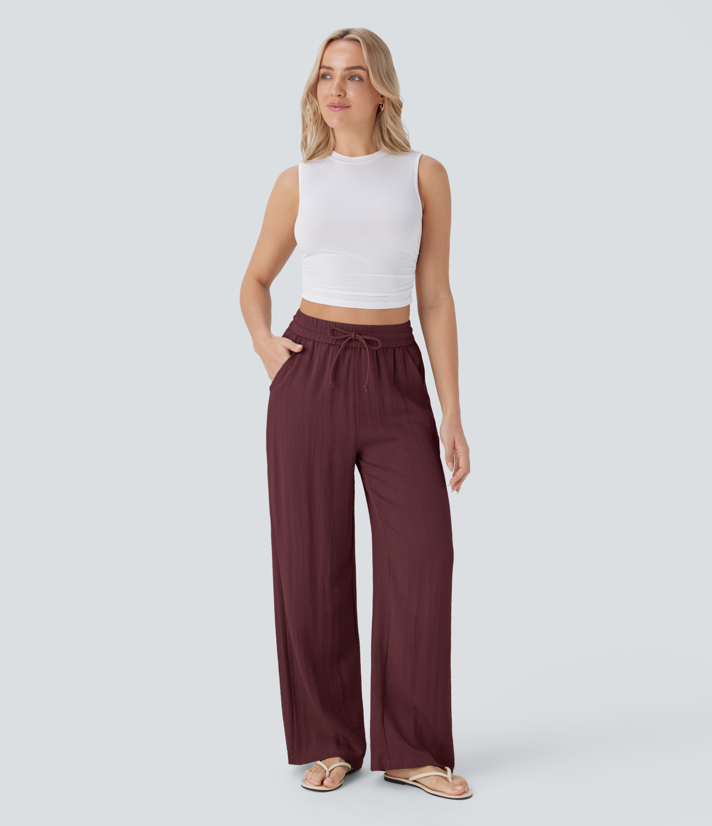 High Waisted Drawstring Pocket Wide Leg Casual Linen-Feel Pants
