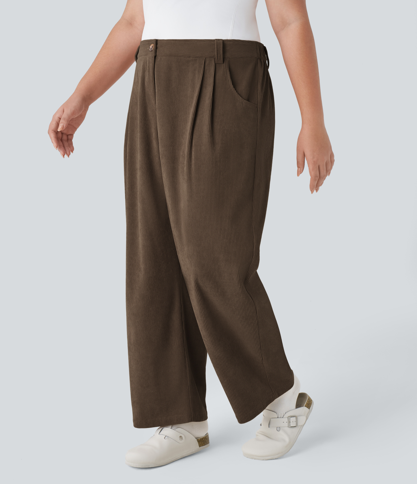 Mid Rise Zipper Pocket Plus Size Corduroy Casual Pants