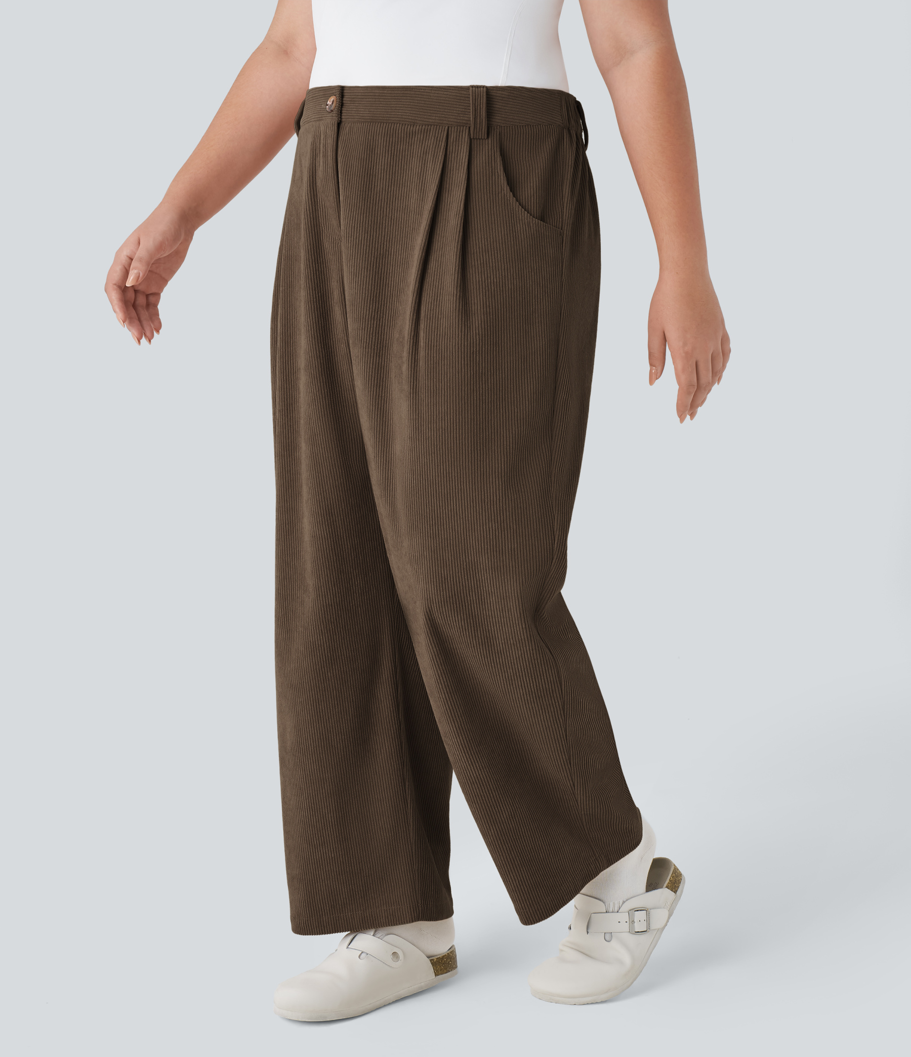 Mid Rise Zipper Pocket Plus Size Corduroy Casual Pants
