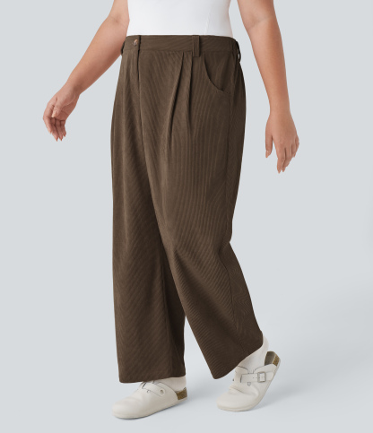 Mid Rise Zipper Pocket Plus Size Corduroy Casual Pants
