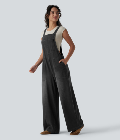 Square Neck Washed Denim Casual Overalls with Pockets