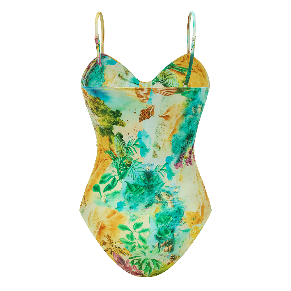 Plus Size Landscape Prints Hollow One Piece Swimsuit and Skirt