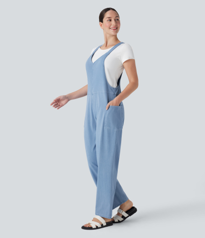 V Neck Pocket Washed Denim Casual Overalls