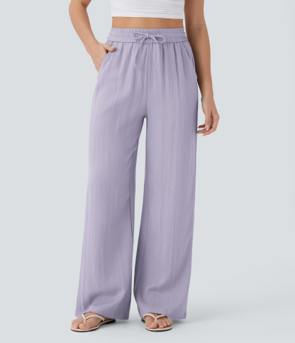 High Waisted Drawstring Pocket Wide Leg Casual Linen-Feel Pants