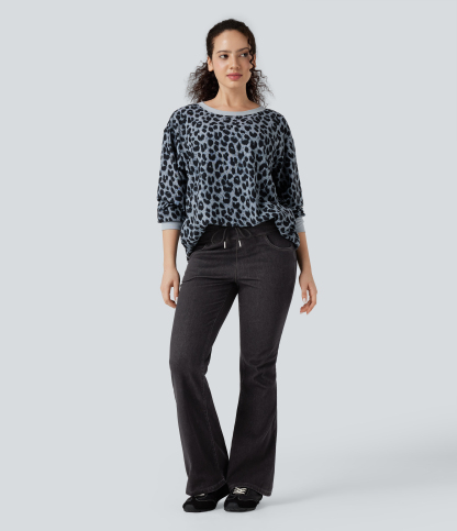 Denim Heat High Waisted Drawstring Casual Flare Leggings with Pockets