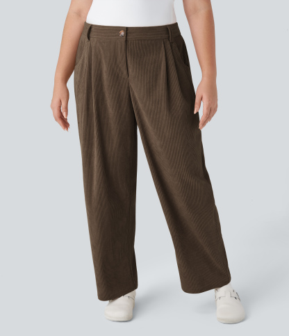Mid Rise Zipper Pocket Plus Size Corduroy Casual Pants