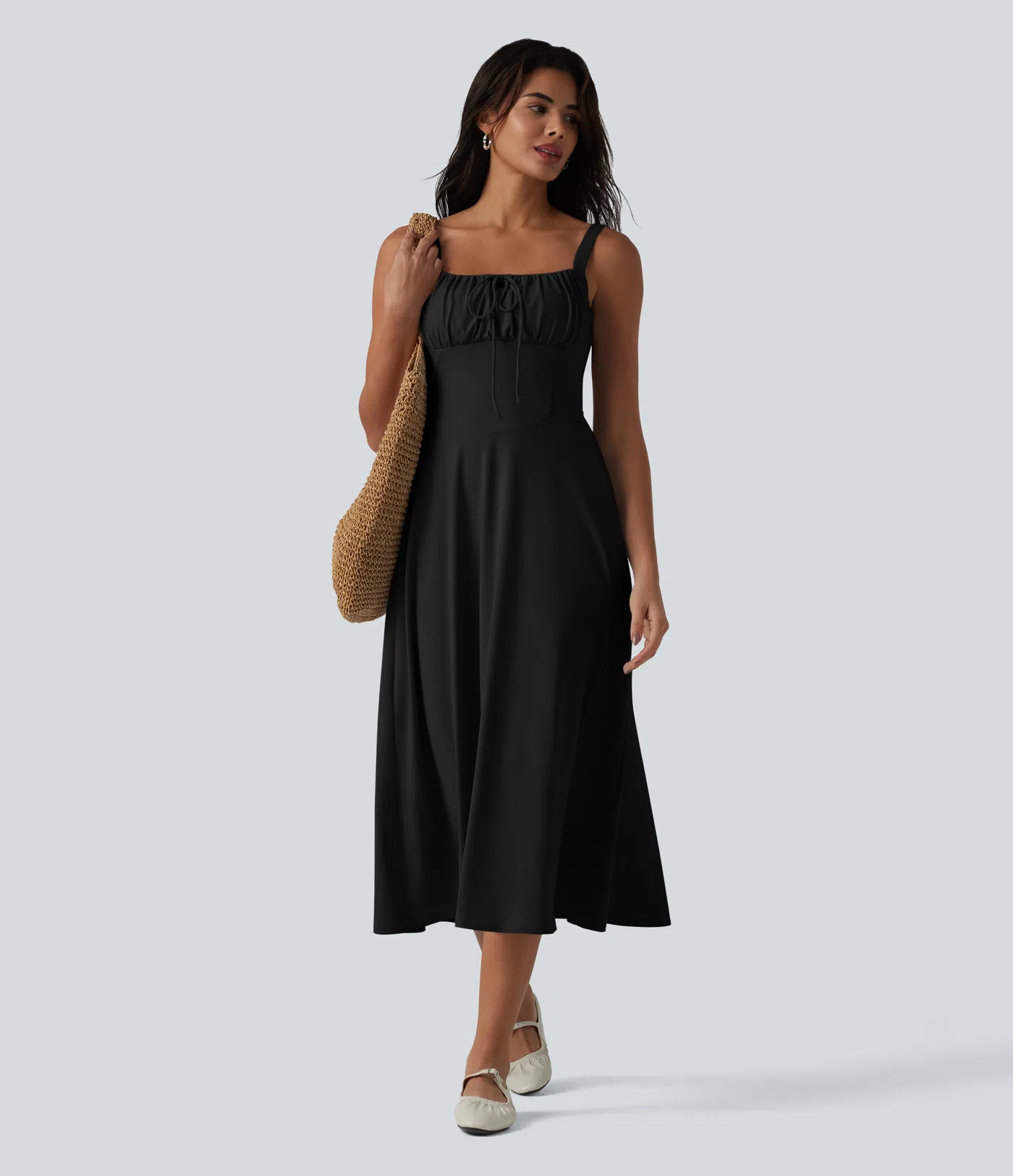 Crisscross Backless Square Neck Sleeveless Ruched Built-in Bra Midi Resort Flowy Dress