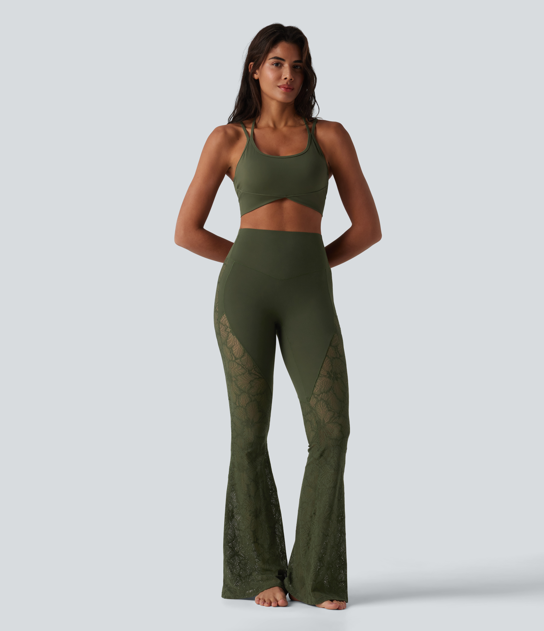 High Waisted Tummy Control Contrast Lace Yoga Flare Leggings with Pocket