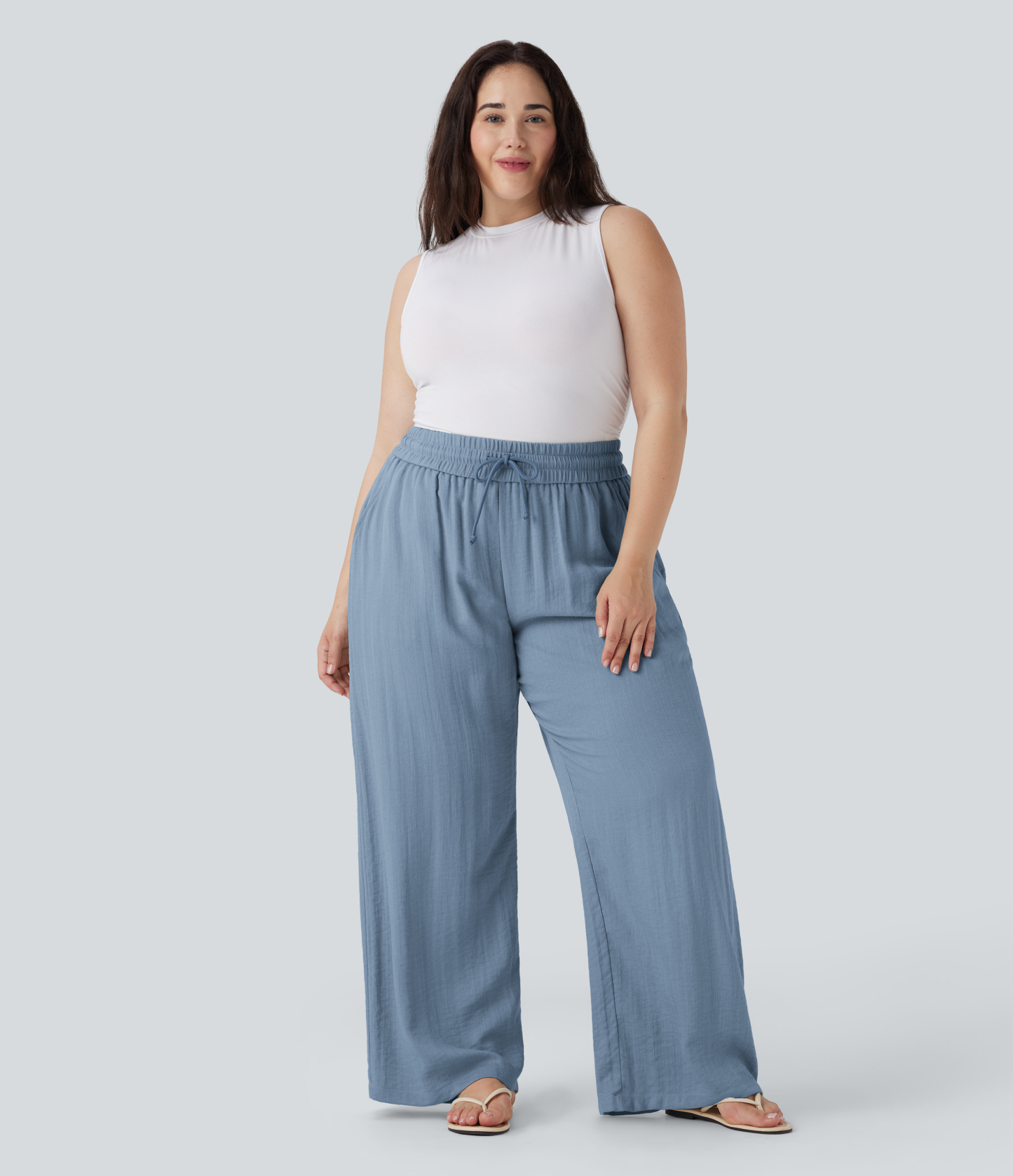 High Waisted Drawstring Linen-Feel Wide Leg Casual Plus Size Pants with Pockets