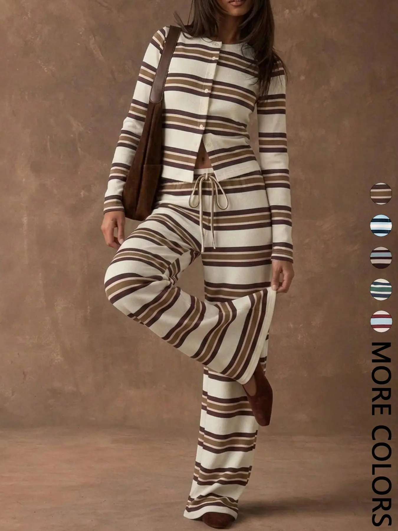 Women's Striped Knit Two-Piece Set, Crew Neck Long Sleeve Button Front Crop Top, Elastic Waist Drawstring Wide Leg Pants, Daily Casual Loungewear Vacation Wear, Soft Stretchy Breathable, Stretchy Outfit Sets