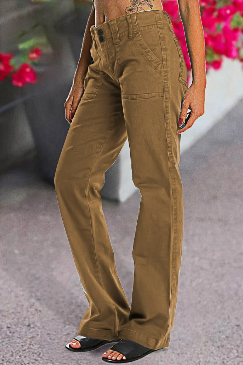Double Button Mid Waist Straight Leg Pants
