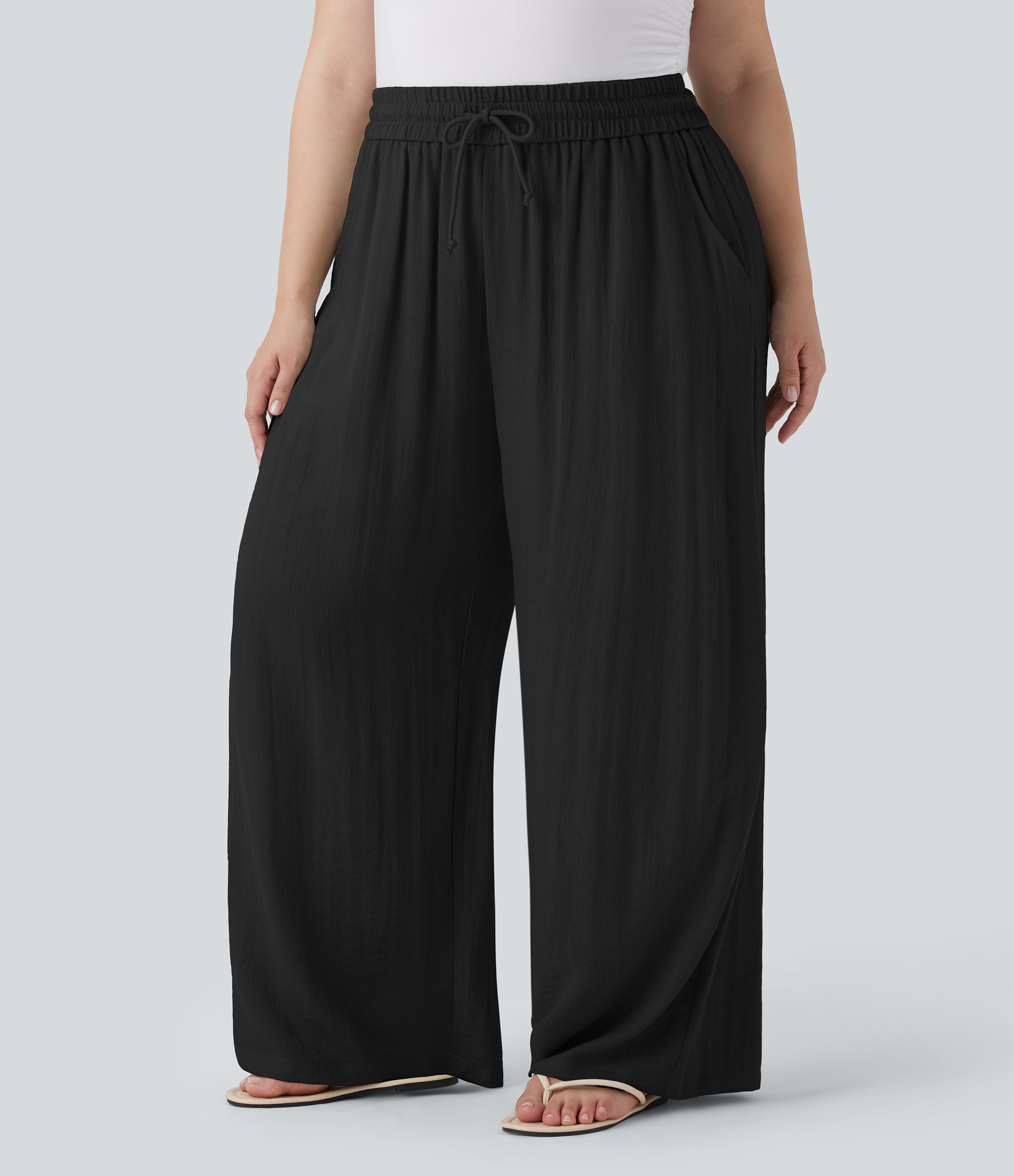 High Waisted Drawstring Linen-Feel Wide Leg Casual Plus Size Pants with Pockets