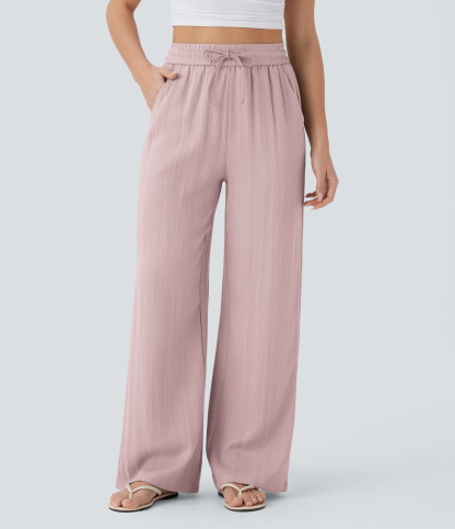 High Waisted Drawstring Pocket Wide Leg Casual Linen-Feel Pants